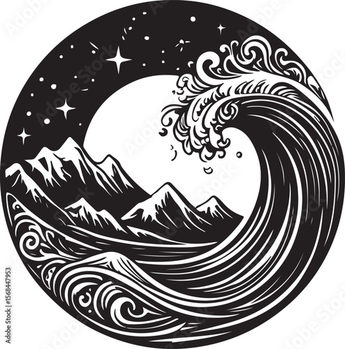 Majestic ocean wave cresting over snow capped mountains under starry night sky cresting wave