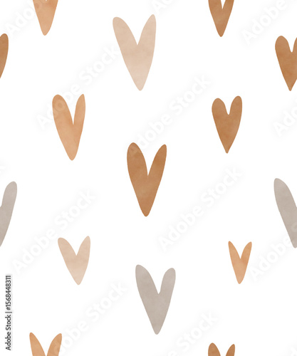 Infantile Style Print With Brown, Beige And Gray Hearts. Irregular Seamless Vector Pattern With Hand Drawn Hearts On a White Background. Simple Childish Print With Love Symbol.Romantic Wallpaper. 