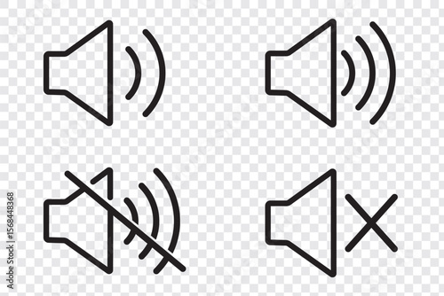 Speaker icon set. Mute and unmute volume sound icons set. No speaker sound or keep silence icon. Vector isolated Volume icon set in black outline.