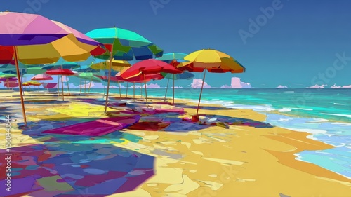 Colorful umbrellas and towels decorate the sunny beach during summer vacation Generative AI
