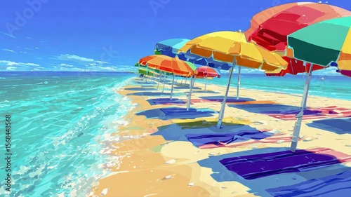 Bright summer beach with colorful umbrellas and towels under clear blue sky Generative AI