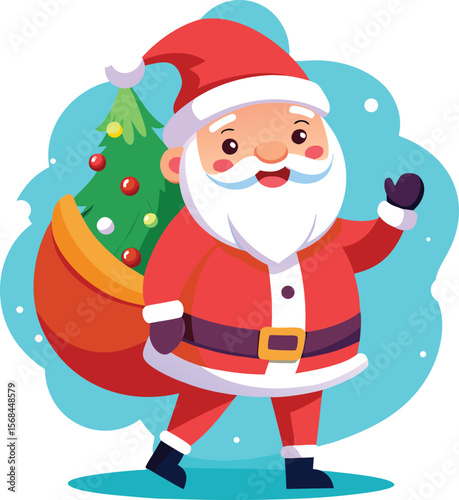 Joyful Santa Claus Illustration with Christmas Tree and Blue Backdrop Celebrating Holiday Season