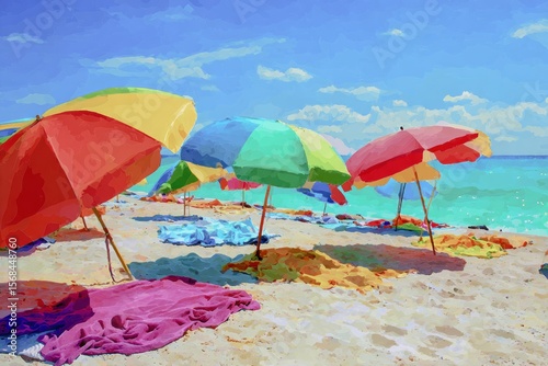 Bright and colorful umbrellas with towels on sunny summer beach vacation Generative AI
