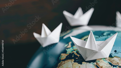 Symbolic globe with tiny paper boats floating towards country border, representing migration, global movement, and international relations concepts.
