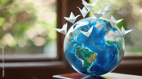 Symbolic globe with tiny paper boats floating towards country border, representing migration, global movement, and international relations concepts.
