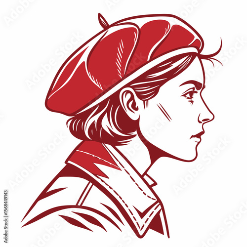 Retro beret icon with vintage profile silhouette