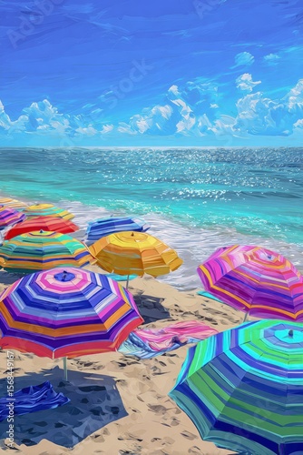 Brightly colored umbrellas and towels create a vibrant beach day in summer sunshine Generative AI