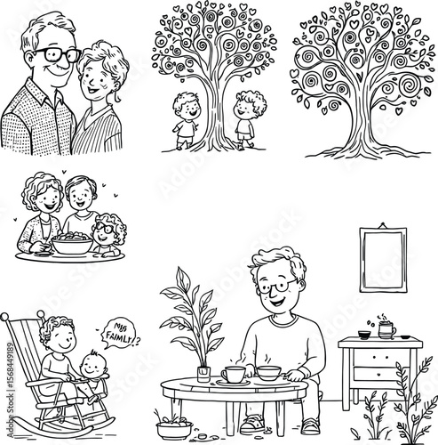 Black-and-White Vector Illustration of Family Life Moments – 6-Scene Domestic Bonding Set