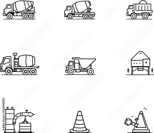 Black-and-White Vector Illustration of Construction Vehicles & Industrial Elements – 9-Item Heavy Machinery Grid