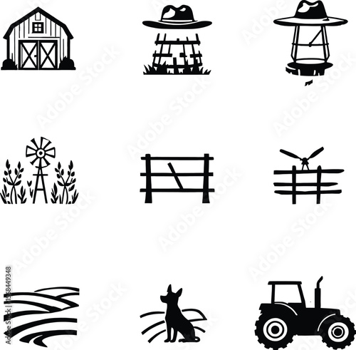 Black-and-White Vector Illustration of Farm Life Icons – 9-Item Agricultural Environment Grid