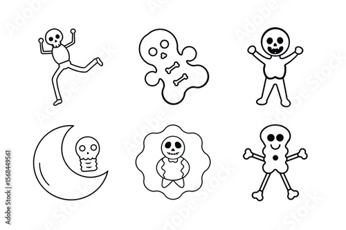 Cute Halloween Doodle Set with Skeletons Moon and Gingerbread Man