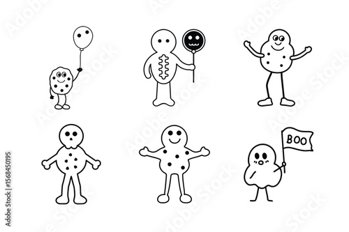 Spooky and Sweet Halloween Characters in Whimsical Black and White Line Art