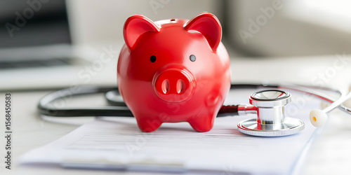 Red piggy bank with stethoscope on a white desk symbolizing healthcare savings. Financial planning for medical expenses concept. Investment in health.