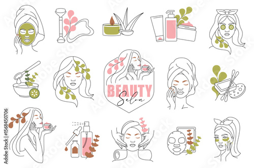 Line Art Facial Care and Spa Elements. Vector Icons for Logo and Branding