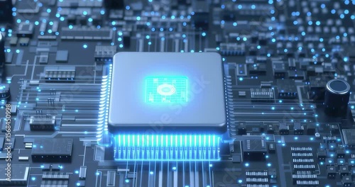 Futuristic Microprocessor with Blue Glow on Circuit Board Background