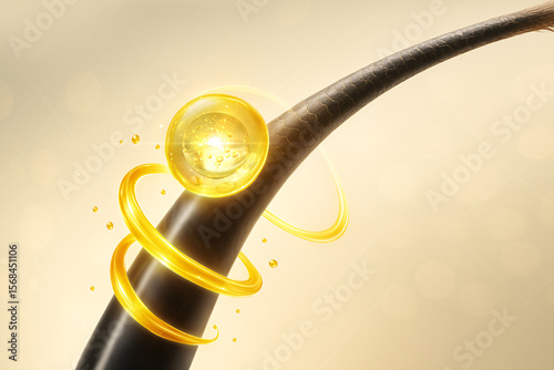 3D concept of a golden serum molecule nourishing a hair strand, symbolizing deep repair, shine, and luxury treatment. Ideal for premium haircare, beauty ads, and cosmetic innovation visuals.