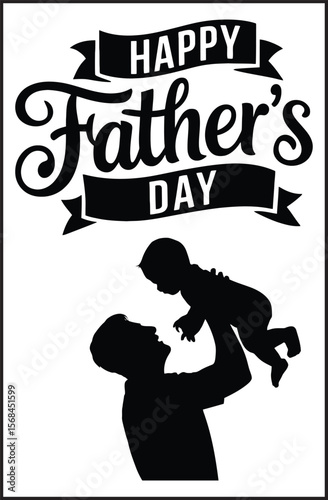 Happy Father's Day Banner with Dad Carrying Child on Shoulders Silhouette Vector