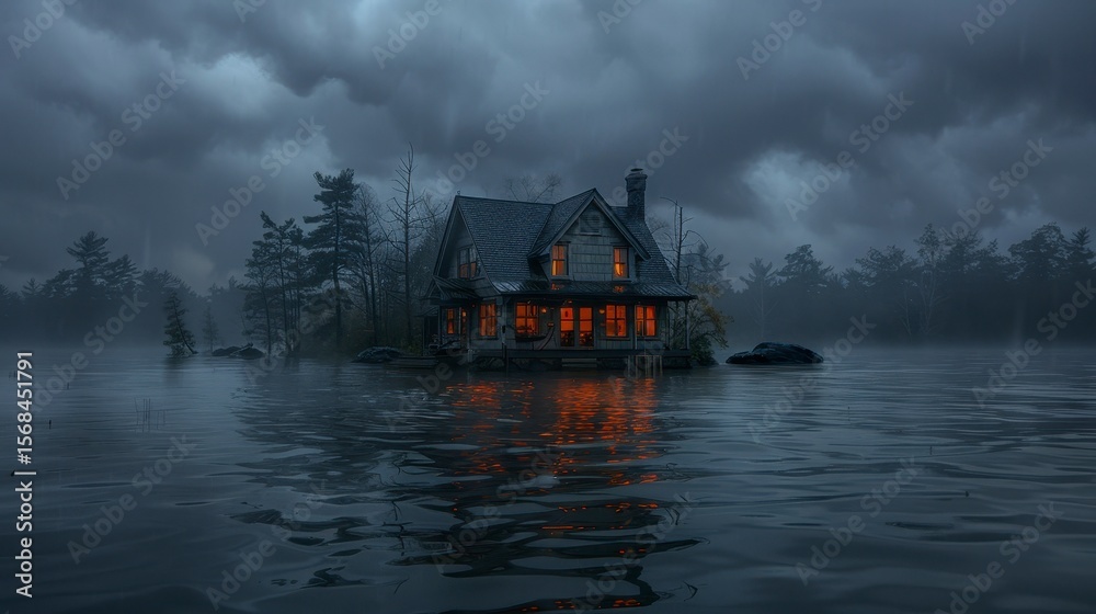 Fototapeta premium Flooded house glows orange against a dark, overcast, waterlogged landscape