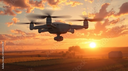 Drone flies over farmland at golden hour