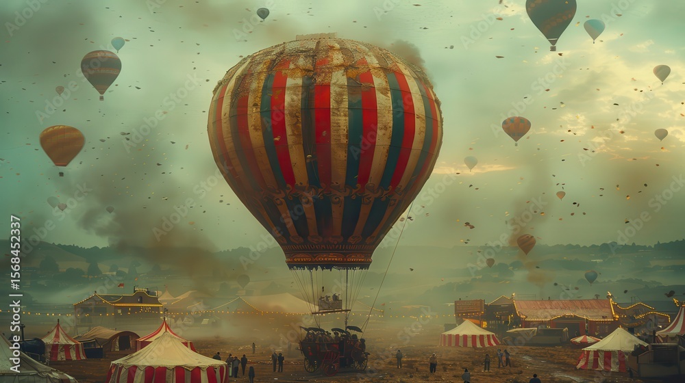 Naklejka premium Many hot air balloons rise above a fairground