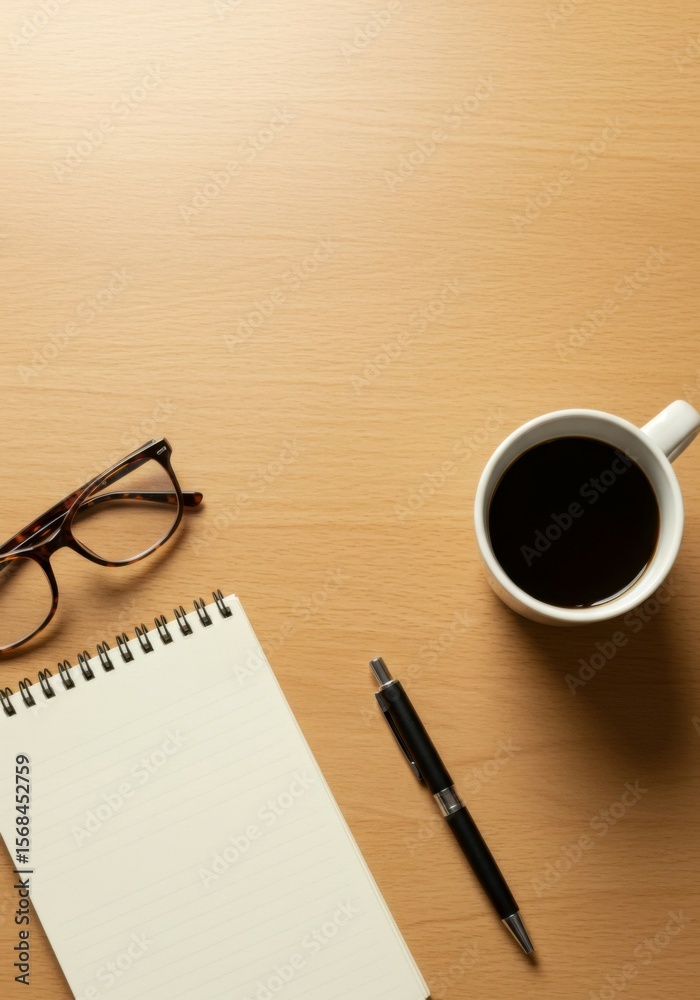 Fototapeta premium Cozy workspace arrangement with eyeglasses, coffee, notebook, and pen. Copy space
