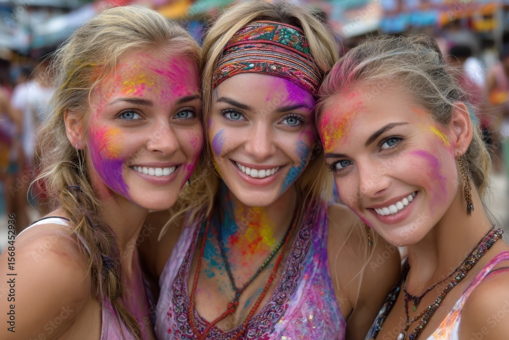 Fototapeta premium Colorful celebration during a vibrant festival with smiling friends in joyful atmosphere