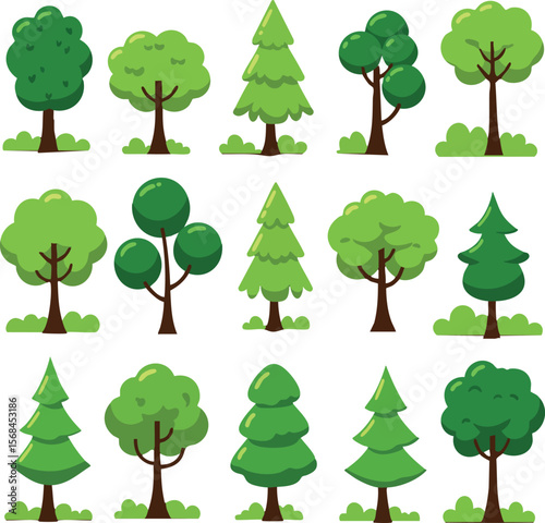 Various green tree illustrations with different shapes and types in vector style for design elements 
