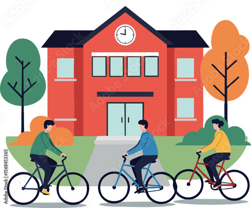 Students riding bicycles in front of school building with autumn trees vector illustration 