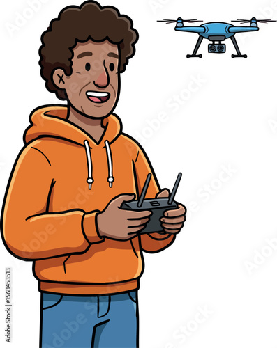 Man in Orange Hoodie Flying Blue Drone with Remote Controller Vector Illustration 