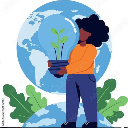 Woman holding light bulb with green plant inside standing in front of Earth globe vector illustration 
