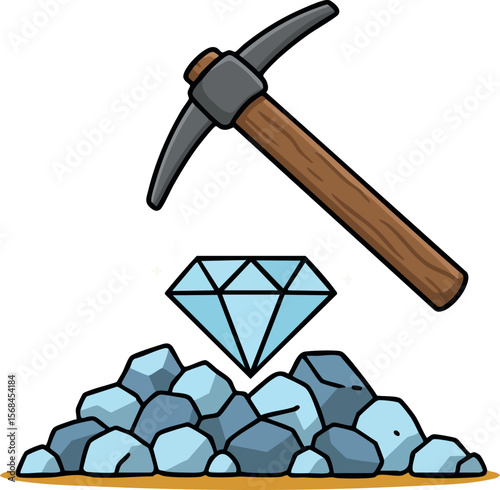 Pickaxe with blue diamond and gray rocks mining tool illustration vector image 