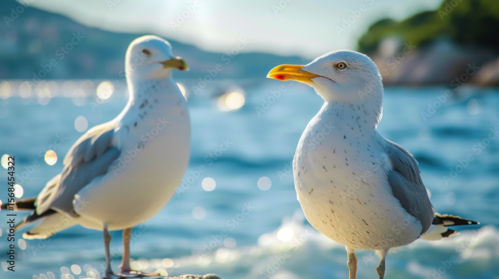 Fototapeta premium A seagull perches elegantly on the icy surface of a lake, illuminated by the warm glow of a sunset. Fellow birds gather in the background, adding to the serene winter atmosphere Generative AI
