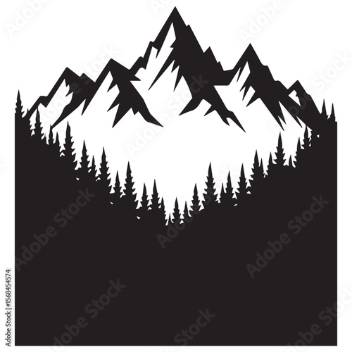 A mountain range rises above a dense forest silhouette