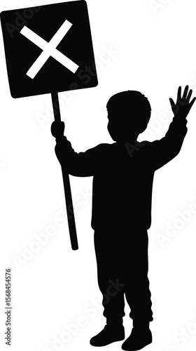 Child silhouette holding protest sign with cross symbol raising hand in black vector illustration