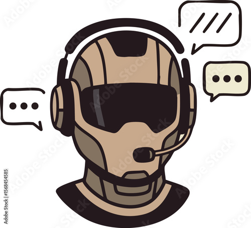 Futuristic robot head with headset and speech bubbles vector illustration technology communication concept 