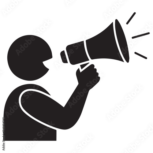 A person is speaking into a megaphone isolated on white background