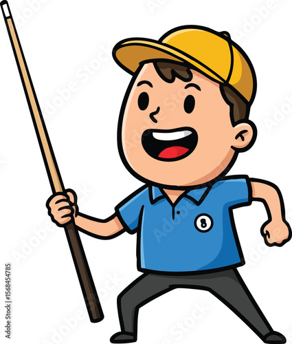 Boy holding cue stick playing billiards pool game in blue shirt and yellow cap vector illustration