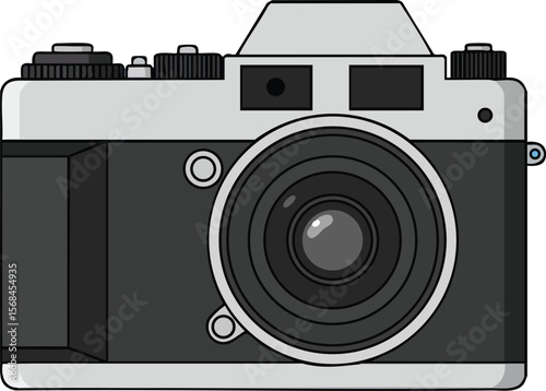 Vintage camera front view with detailed lens and buttons classic photography equipment vector illustration