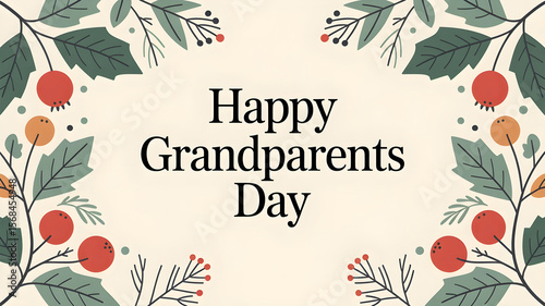 A decorative border of leaves and colorful berries surrounding the text Happy Grandparents Day