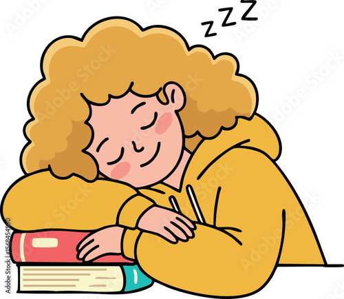 Girl Sleeping on Books with Curly Hair in Yellow Hoodie Vector Illustration Calm Restful Scene 