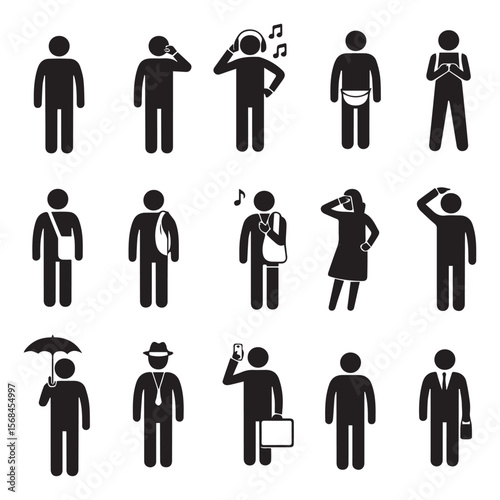 Stick figures show people in various activities isolated on white background