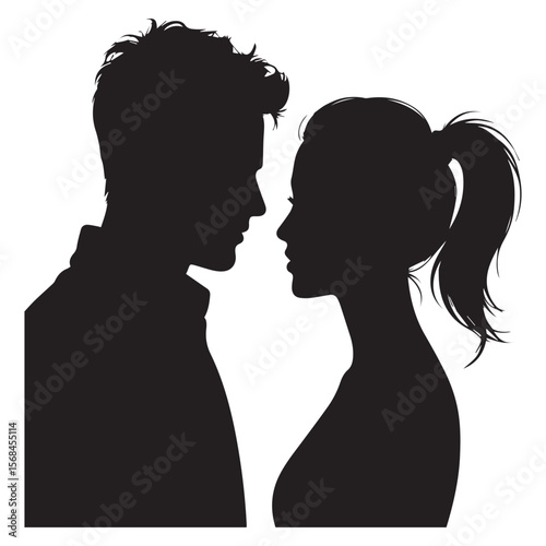 Silhouette of a couple looking at each other on white background