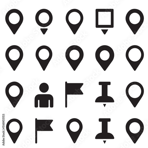 Various location and map marker icons isolated on white background