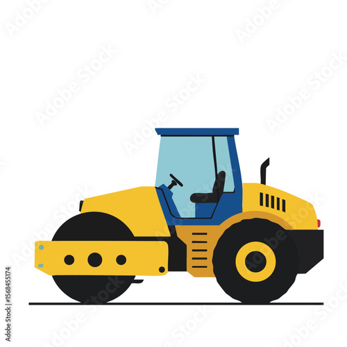 Yellow Road Roller Construction Vehicle Heavy Machinery Equipment for Building Site Work Vector Illustration