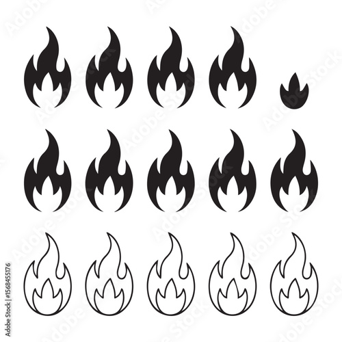 Various fire icons isolated on white background are displayed