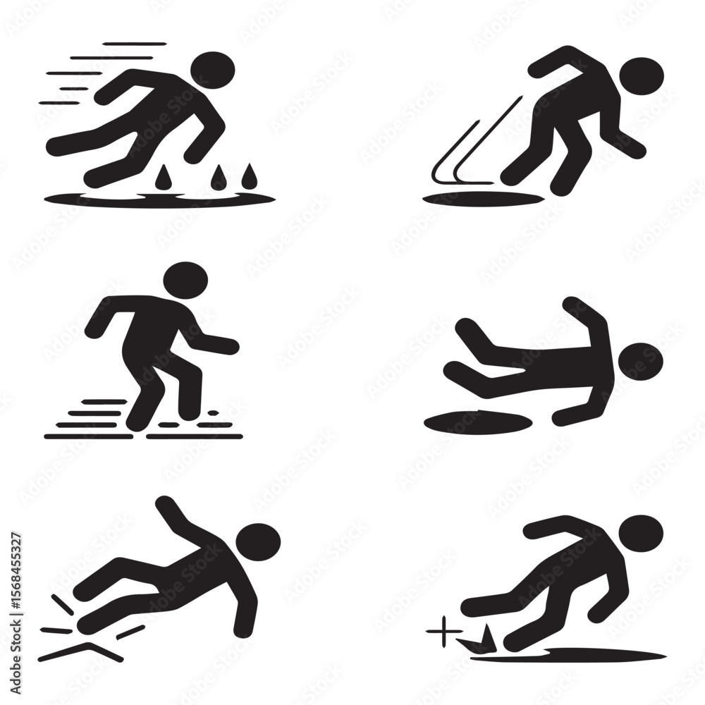 Obraz premium Stick figures depict various slipping and falling accidents isolated on white background