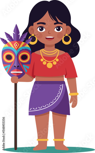 Young woman holding colorful tribal mask wearing traditional ethnic attire vector illustration 