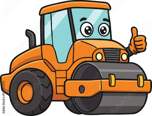 Orange cartoon road roller with face and thumbs up gesture vector illustration for construction and machinery design