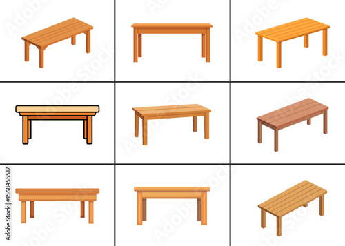 Long wooden table furniture Vector Set