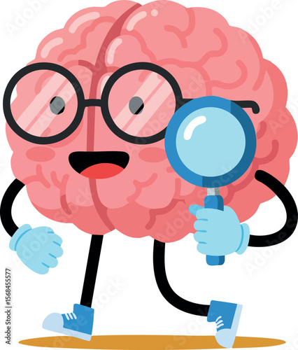 Cartoon Brain Character Wearing Glasses Holding Magnifying Glass Vector Illustration 